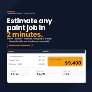 Può includere: Un'interfaccia digitale per il calcolo di preventivi di tinteggiatura su sfondo blu scuro. Il testo recita: Painting Estimate Calculator, Estimate any paint job in 2 minutes. Interior + exterior, materials, labor, prep & markup. Totale 9.400 $.
