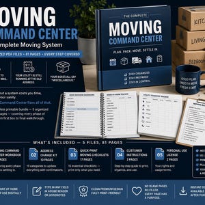 May include: A complete moving system, "Moving Command Center," is displayed with a navy blue book, a mug, and moving boxes. The system includes 5 PDF files, 81 pages, and covers every phase of a move. The text on the mug reads "Good Plan, Smooth Move, Fresh Start."