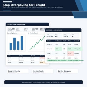 Puede incluir: Un panel digital con datos de flete. Muestra gráficos, tablas y comparaciones de transportistas, gastos y variaciones. El texto dice "Stop Overpaying for Freight" e incluye datos sobre envíos y costos.