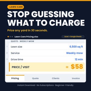 Lawn Care Pricing Calculator & Estimate Template | Quote Form, Invoice, Client Tracker | Lawn Mowing Business Forms Kit Excel