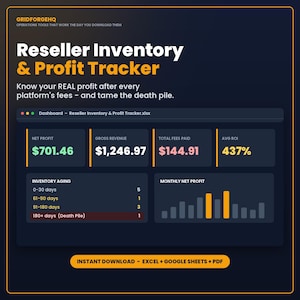 Reseller Inventory Spreadsheet | Profit & Fee Tracker for eBay Poshmark Mercari | COGS Tax Summary, Death Pile | Excel + Google Sheets