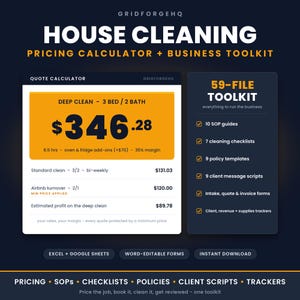 May include: A digital house cleaning pricing calculator and business toolkit by Gridforgehq. The interface displays a quote calculator with a deep clean price of $346.28 and a 59-file toolkit list including SOP guides, checklists, and templates.