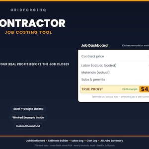 Job Costing Spreadsheet for Contractors | Estimate vs Actual Cost Tracker, Labor + Profit Calculator | Construction Excel Google Sheets