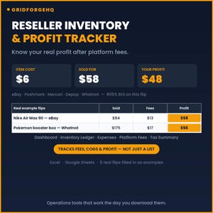 May include: A digital reseller inventory and profit tracker spreadsheet interface by Gridforgehq. The dark blue layout displays item cost, sale price, and profit calculations, including a table with example flips for Nike Air Max 90 and Pokemon booster boxes.
