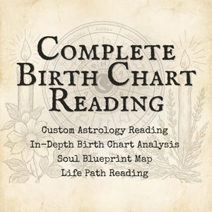 May include: A vintage-style graphic with the words "COMPLETE BIRTH CHART READING" in bold black letters. The design includes a circular astrological chart, candles, and floral elements. Additional text includes "Custom Astrology Reading" and "Soul Blueprint Map."