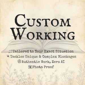 Puede incluir: Un gráfico beige con una ilustración central de un libro abierto y el texto negro "CUSTOM WORKING". Debajo aparecen las líneas: "Tailored to Your Exact Situation", "Tackles Unique & Complex Blockages", "Authentic Work, Zero AI" y "Photo Proof" con iconos.