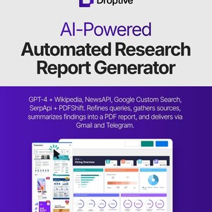 May include: A digital graphic with the Droptive logo and the text "AI-Powered Automated Research Report Generator." The image includes a screenshot of a report interface with charts and data, and text describing the report's features.