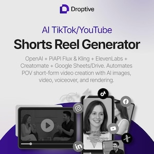May include: Graphic promoting Droptive's AI TikTok/YouTube Shorts Reel Generator. The image features a dark purple and white design with the text "AI TikTok/YouTube Shorts Reel Generator." It includes screenshots of videos and social media icons.