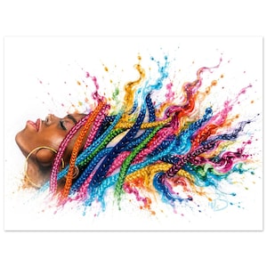 Peut inclure: Un portrait de profil d'une personne à la peau foncée portant une boucle d'oreille créole dorée, avec des cheveux en longues tresses multicolores et vibrantes qui se transforment en éclaboussures de peinture jaune, bleue, rose et verte sur fond blanc.