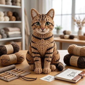 Könnte beinhalten: Eine gehäkelte getigerte Katzenfigur mit braunen und schwarzen Streifen und grünen Augen, platziert auf einer Holzoberfläche neben Knäueln von Artisan Wool Co. Garn, einem Set Häkelnadeln in einer Stofftasche und einem Notizbuch.