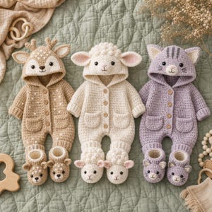 Könnte beinhalten: Drei gehäkelte Strampler mit Kapuze und passenden Booties. Der linke ist hellbraun mit Hirschmotiven, der mittlere ist cremefarben mit Schafmotiven und der rechte ist lavendelfarben mit Katzenmotiven. Jeder Strampler hat eine Knopfleiste.