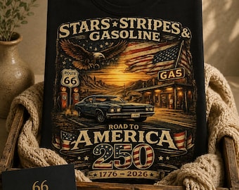 Stars Stripes & Gasoline Shirt | America 250 Route 66 Tee | Vintage Patriotic Eagle Graphic T-Shirt