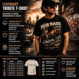 May include: Black t-shirt with a graphic of Rob Base and the text "Rob Base 1967-2026 Legendary Hip Hop Icon." The shirt also has the text "Legendary It Takes Two Legend Never Dies." The t-shirt is unisex and made of soft cotton.