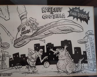 Illustrazione originale per il giornale: Godzilla contro Charles Barkley contro Michael Jordan, realizzata da Drew Litton per Rocky Mountain News.