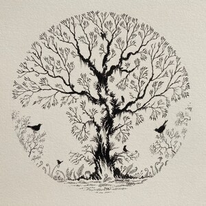 May include: Black and white ink drawing of a tree with birds perched on its branches. The tree is drawn in a circle, with the branches extending outwards. The birds are drawn in a simple, stylized manner.