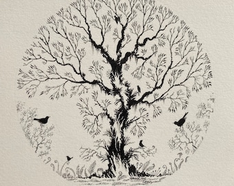 Original unframed miniature art illustration of a tree with birds in branches ideal gift Great Wall decor and traditional