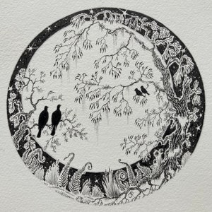 May include: Black and white ink drawing of a circular design featuring a tree with branches and leaves, three birds perched on a branch, and a starry night sky.