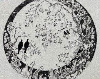 Pen and Ink Illustration black and white silhouette of birds with a tree and moon and stars lovely wall art bespoke unique unframed