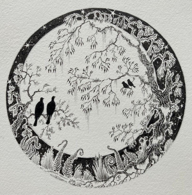 May include: Black and white ink drawing of a circular design featuring a tree with branches and leaves, three birds perched on a branch, and a starry night sky.