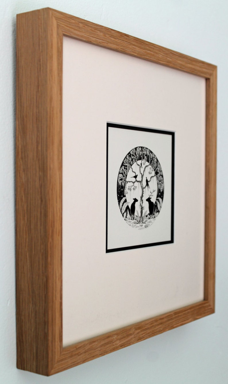 Framed Deer & Moon Ink Illustration: Original Oak Framed Art image 3