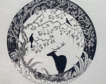 鹿と月のイラスト、オリジナルのペンとインクの動物の絵