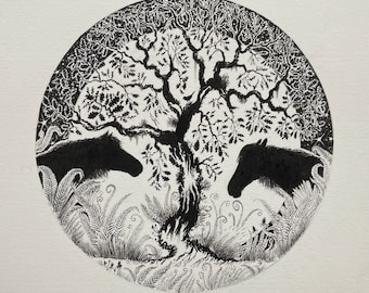 オリジナルのペンとインクの絵：ニューフォレストポニー、月明かりのオーク