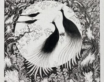 鳥のシルエット画：「月明かりの下で」オリジナル野生動物アート