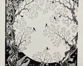 鳥のイラスト、白黒の森のアート（フレームなし）