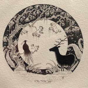 May include: A black and white illustration of a stag and a crested bird standing in a forest. The image is set against a background of a starry night sky. The text "Stag and Crested Bird" is written at the bottom of the image.