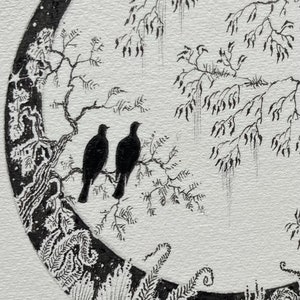 May include: A black and white ink drawing of two birds perched on a branch within a crescent moon shape. The moon is surrounded by a starry sky and a forest of trees.