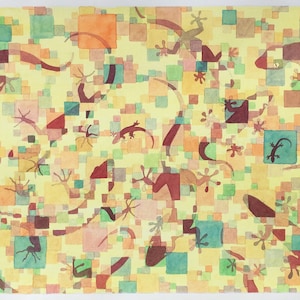 May include: Abstract watercolor painting featuring a yellow background with a pattern of overlapping squares in various shades of green, brown, red, and orange. The squares are overlaid with stylized images of lizards in a variety of poses.