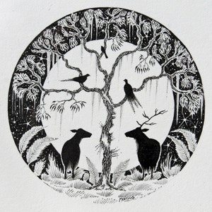 Framed Deer & Moon Ink Illustration: Original Oak Framed Art image 1