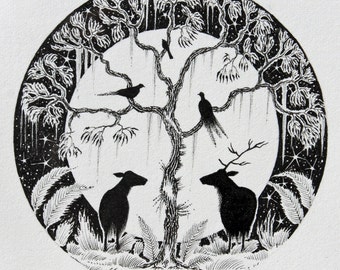 Ilustração em tinta de veado e lua emoldurada: Arte original emoldurada em carvalho
