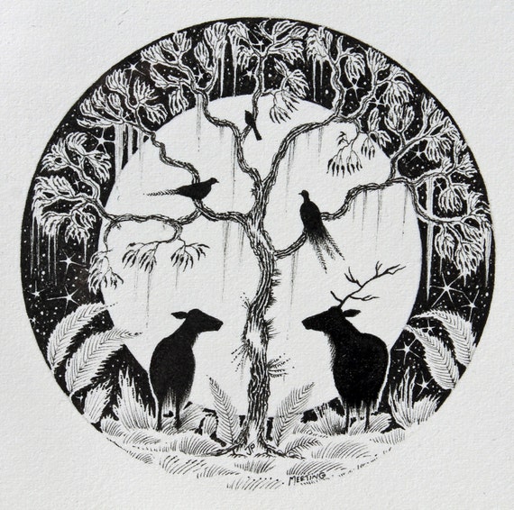 Framed Deer & Moon Ink Illustration: Original Oak Framed Art