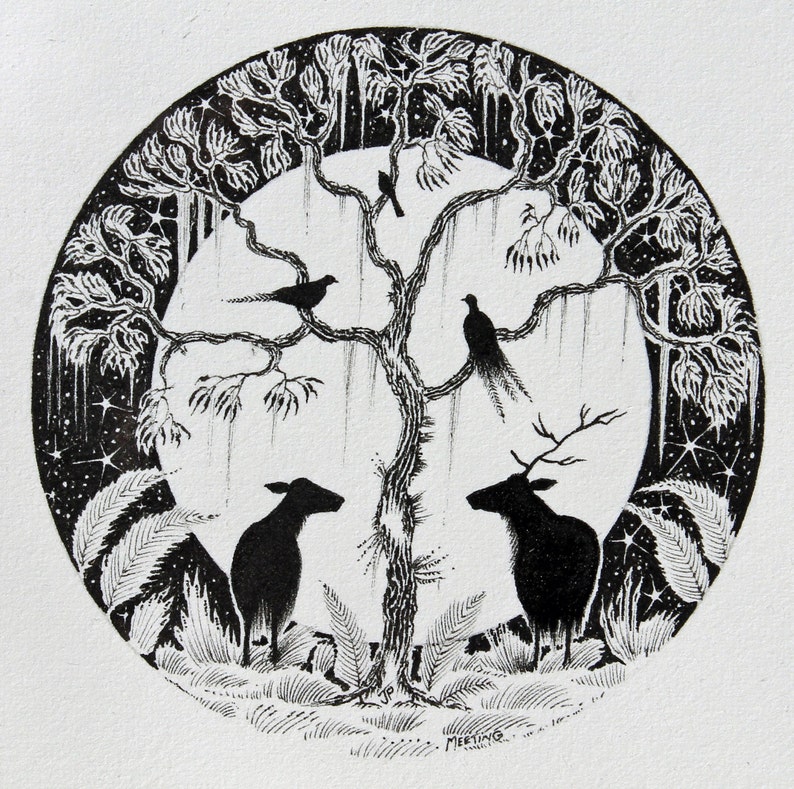 Framed Deer & Moon Ink Illustration: Original Oak Framed Art image 1