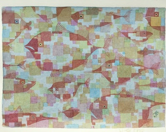 魚の水彩画、ファブリアーノ紙に描かれた半抽象画