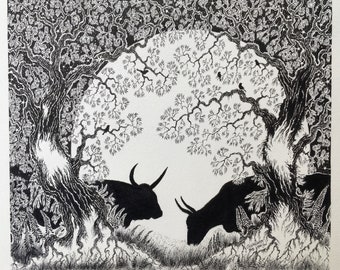 チリンガム牛のペンとインクのイラスト、額装なしのオリジナルアートワーク
