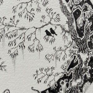 May include: A black and white ink drawing of a tree with branches and leaves. Two birds are perched on a branch. The drawing is on a white background.