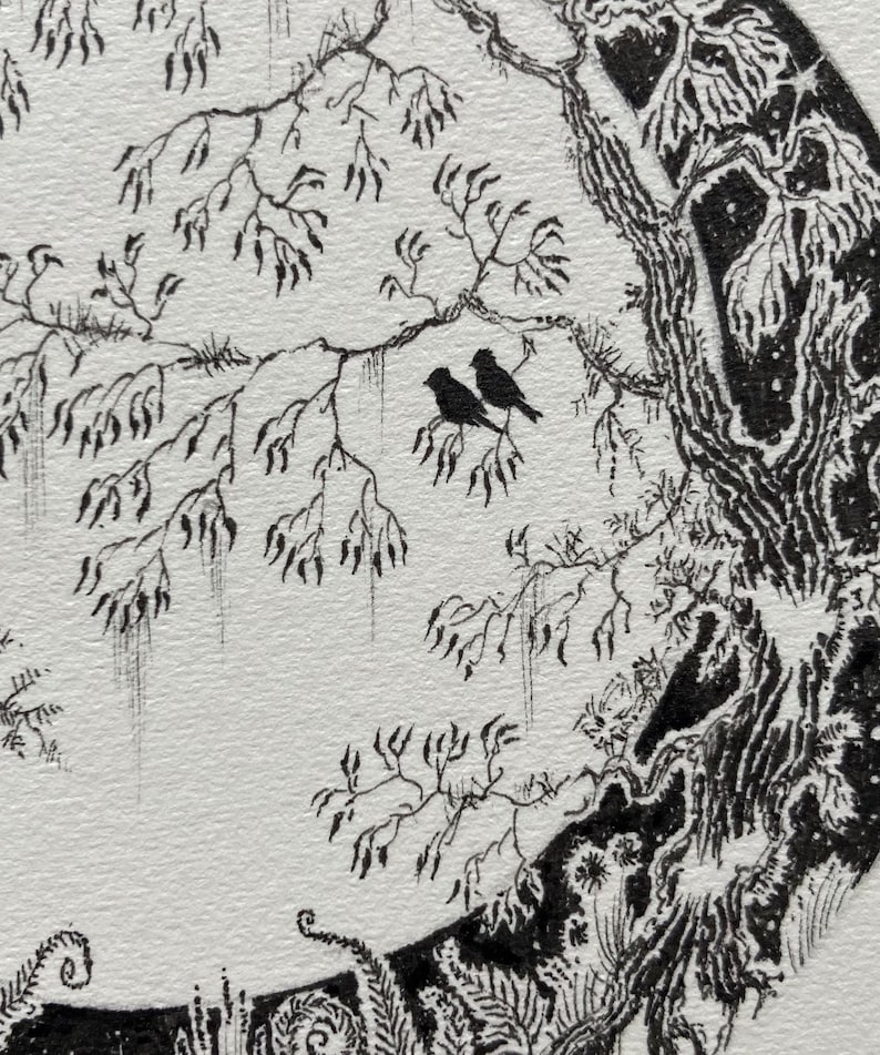 May include: A black and white ink drawing of a tree with branches and leaves. Two birds are perched on a branch. The drawing is on a white background.