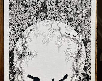 Rabbit Moon Pen & Ink Illustration: Woodland Animals Art