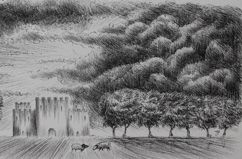 Puede incluir: Un dibujo en blanco y negro a pluma y tinta de un castillo con una hilera de &aacute;rboles en primer plano y un cielo nublado en el fondo.