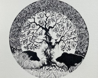 Drawing original unframed pen and ink silhouette picture of two wild boar under an apple tree with a full moon beautiful unique wall decor