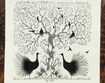 オリジナルの鳥のイラスト、ペンとインクの木のアート、12 cm四方
