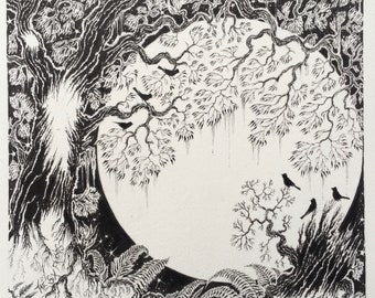オリジナルのペンとインクの鳥の絵、ウッドランドムーンアート