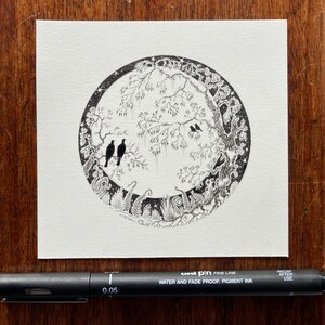 May include: Black and white ink drawing of a circular forest scene with birds, trees, and foliage. The drawing is done in a detailed, intricate style.