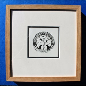 Framed Deer & Moon Ink Illustration: Original Oak Framed Art image 4