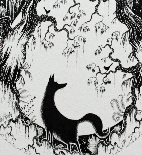 An Origonal A4 Pen and Ink Girl with Fox Drawing & Illustration Pen ...