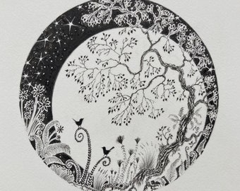 Two Birds Pen and Ink Illustration, Full Moon Silhouette