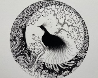 紋付き鳥の絵：ペンとインクで描いたオリジナルのシルエットアート