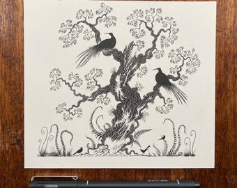 ペンとインクで描いた鳥と木のイラスト、白黒の自然アート